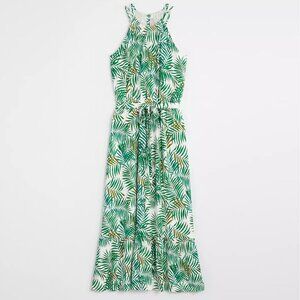 LOFT | Palm Flounce Halter Midi Dress White & Green | Size Large